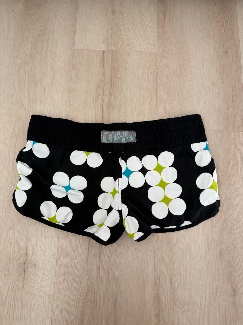 Roxy Black Shorts with White Dot Floral and Blue Lime Accents